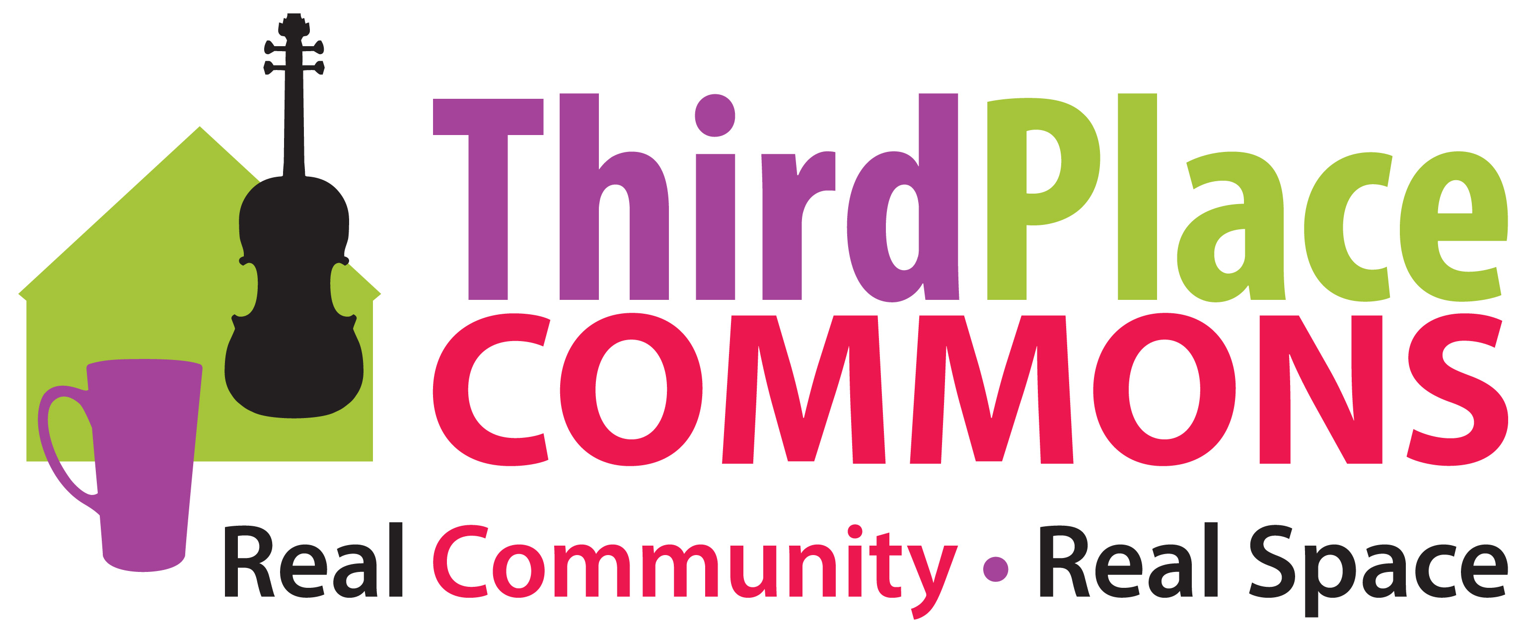 Third Place Commons logo features illustrations of building, bass instrument and coffee cup and the words Third Place Commons: Real Community and Real Space