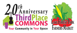 20th anniversary Third Place Commons logo and Lake Forest Park Logo with tomatoes, corn, and lettuce