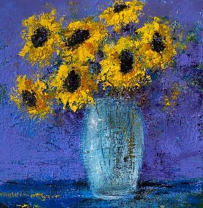 Impressionistic painting of Sunflowers in a vase with a blue background